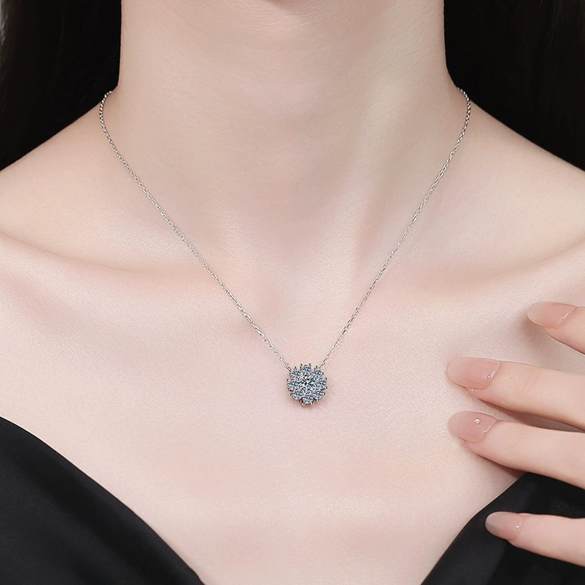 Sunflower Moissanite Pendant Necklace with Cubic Zirconia in Platinum-Plated S925 Sterling Silver worn on neckline by model