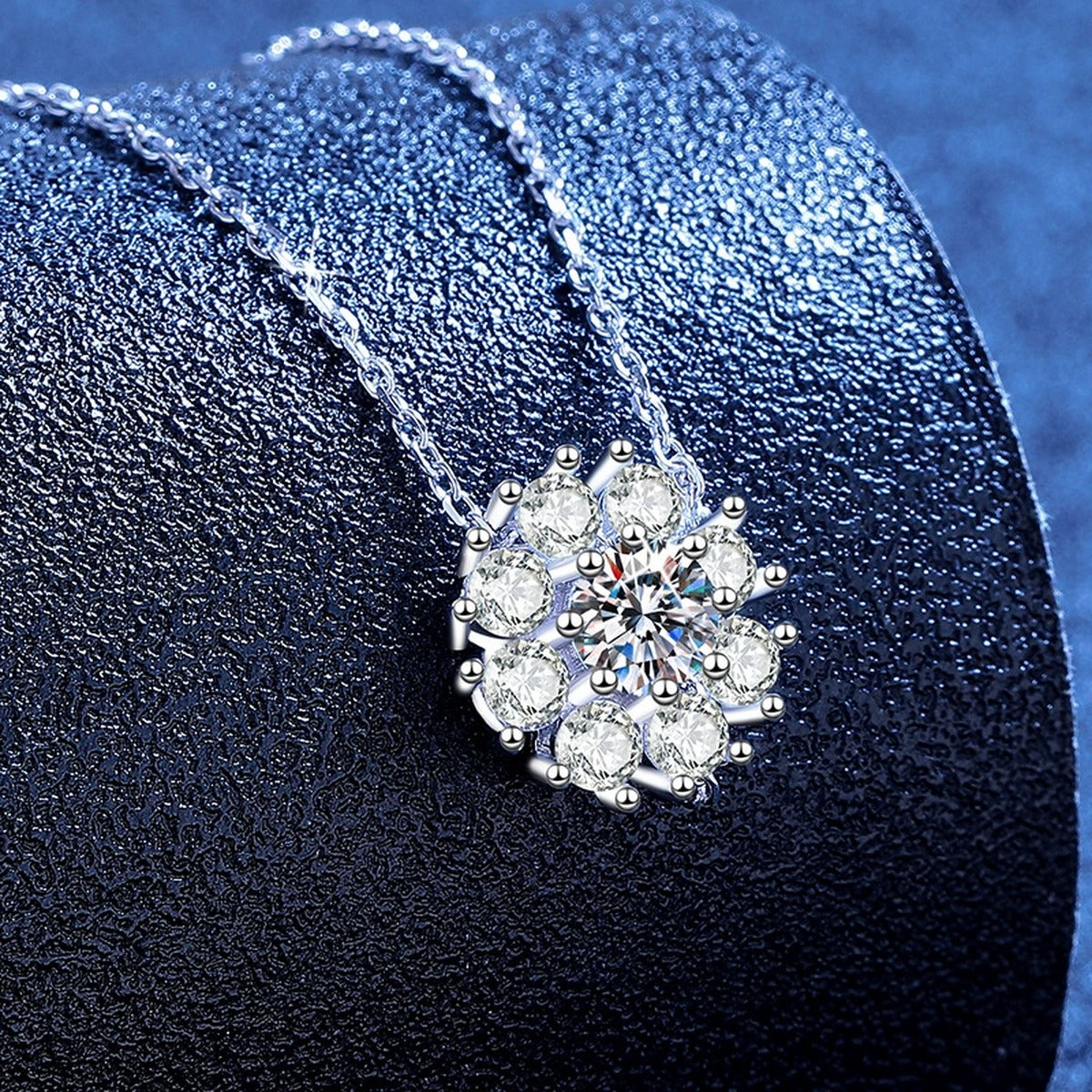 Sunflower Moissanite Pendant Necklace with Cubic Zirconia in Platinum-Plated S925 Sterling Silver blue background product view
