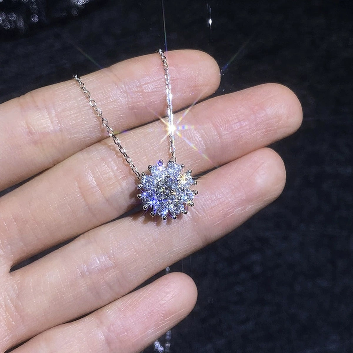 Sunflower Moissanite Pendant Necklace with Cubic Zirconia in Platinum-Plated S925 Sterling Silver close-up product detail view