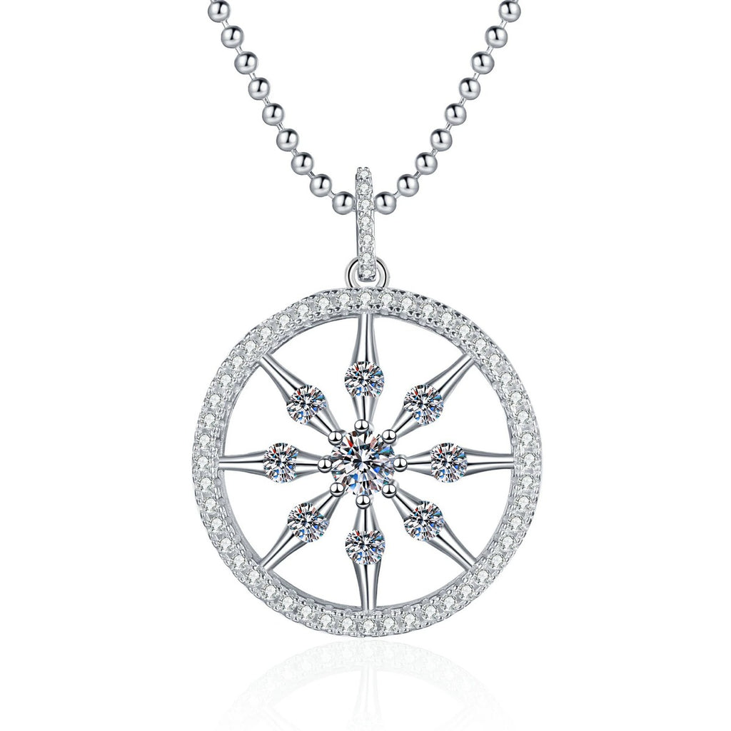 Wheel Circle Moissanite Pendant Necklace with Cubic Zirconia in Platinum-Plated S925 Sterling Silver on clean white background showing the large wheel circle pendant with pavé spokes and a round moissanite center