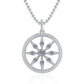 Wheel Circle Moissanite Pendant Necklace with Cubic Zirconia in Platinum-Plated S925 Sterling Silver on clean white background showing the large wheel circle pendant with pavé spokes and a round moissanite center