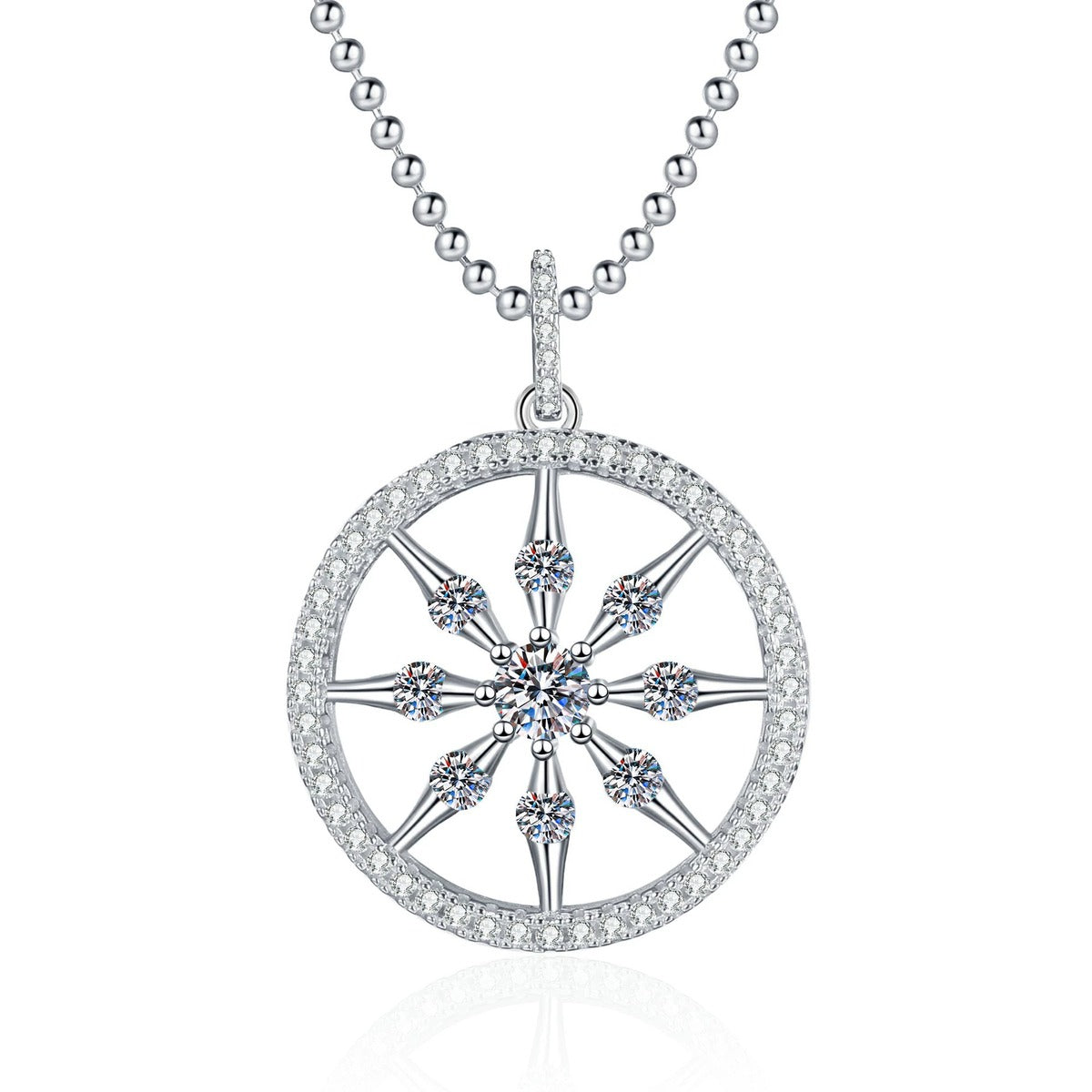 Wheel Circle Moissanite Pendant Necklace with Cubic Zirconia in Platinum-Plated S925 Sterling Silver on clean white background showing the large wheel circle pendant with pavé spokes and a round moissanite center