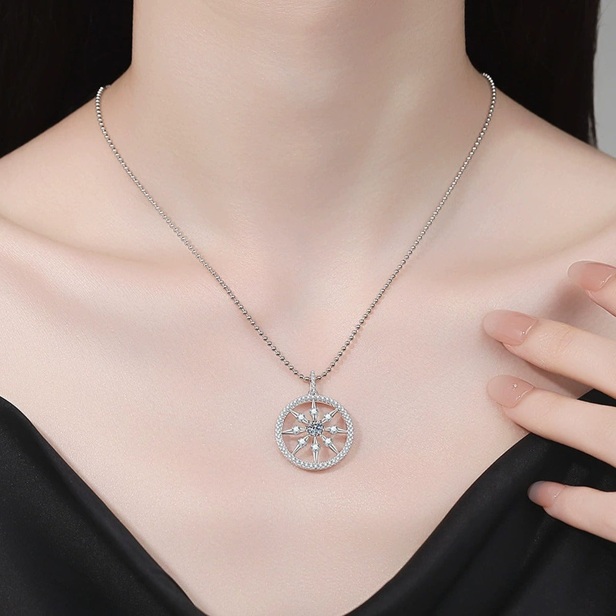 Wheel Circle Moissanite Pendant Necklace with Cubic Zirconia in Platinum-Plated S925 Sterling Silver worn on neckline by model