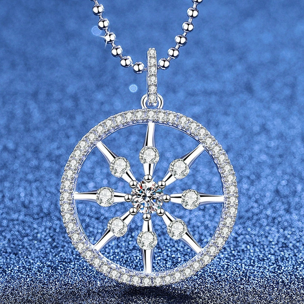 Wheel Circle Moissanite Pendant Necklace with Cubic Zirconia in Platinum-Plated S925 Sterling Silver blue background product view