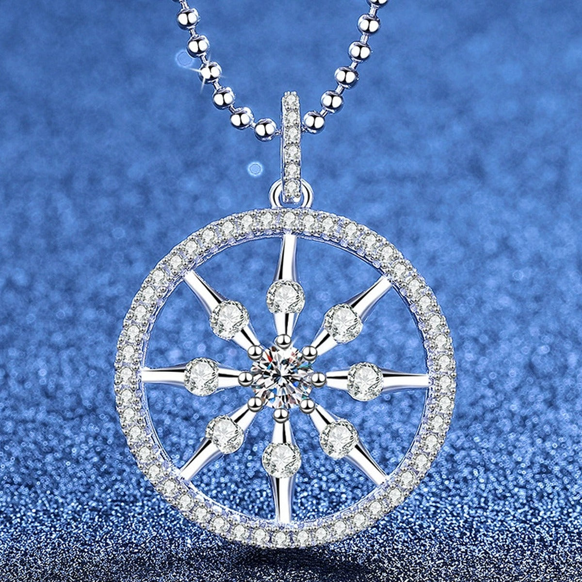 Wheel Circle Moissanite Pendant Necklace with Cubic Zirconia in Platinum-Plated S925 Sterling Silver blue background product view