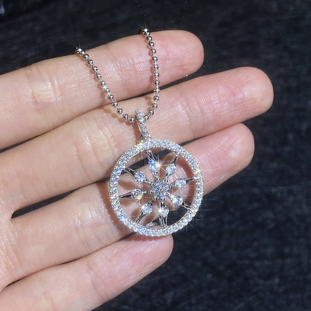 Wheel Circle Moissanite Pendant Necklace with Cubic Zirconia in Platinum-Plated S925 Sterling Silver close-up product detail view
