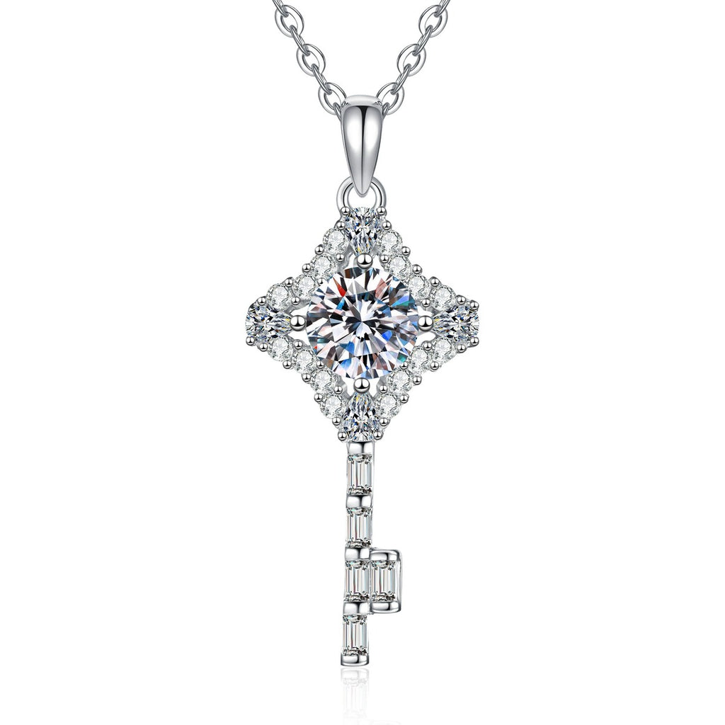 Ornate Key Moissanite Pendant Necklace with Cubic Zirconia in Platinum-Plated S925 Sterling Silver on clean white background showing the ornate key pendant with a round moissanite center