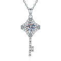 Ornate Key Moissanite Pendant Necklace with Cubic Zirconia in Platinum-Plated S925 Sterling Silver on clean white background showing the ornate key pendant with a round moissanite center