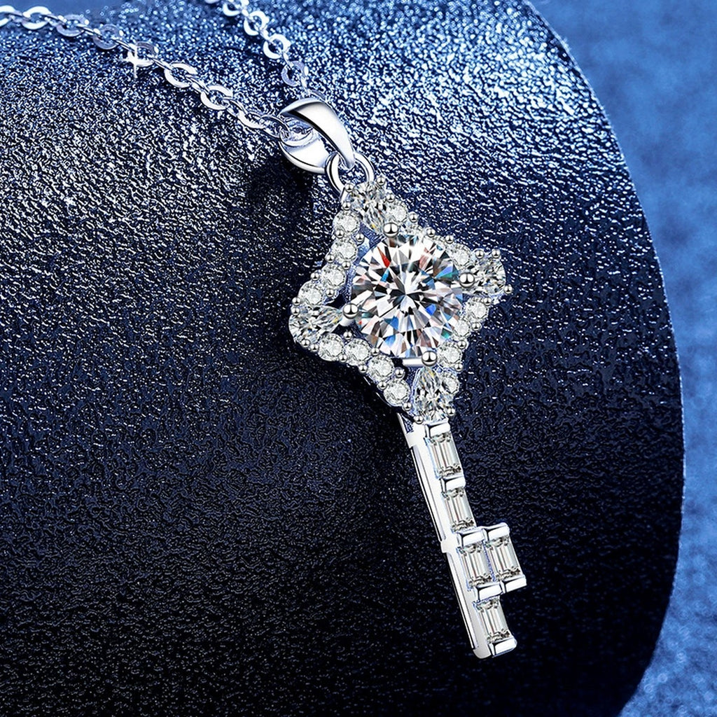 Ornate Key Moissanite Pendant Necklace with Cubic Zirconia in Platinum-Plated S925 Sterling Silver blue background product view