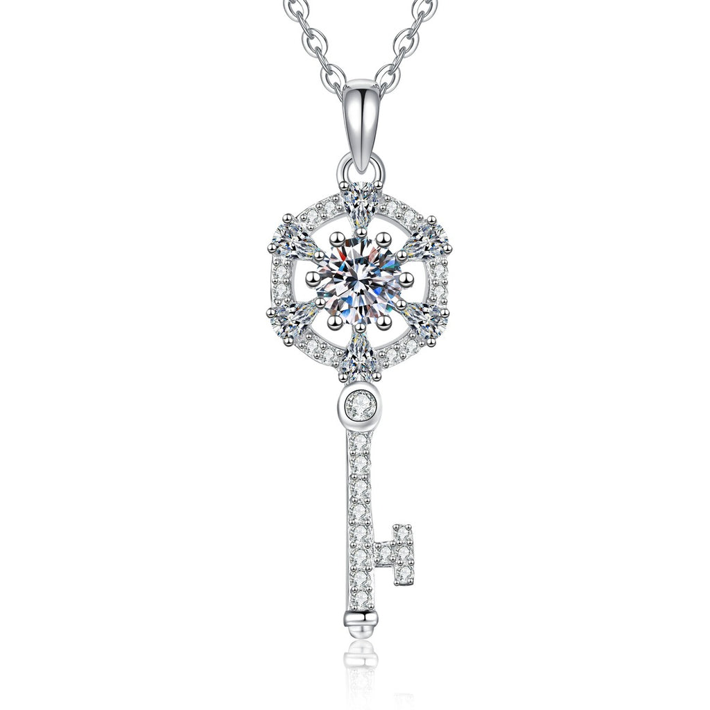 Round Halo Key Moissanite Pendant Necklace with Cubic Zirconia in Platinum-Plated S925 Sterling Silver on clean white background showing the key pendant with a round halo top and cubic zirconia accents