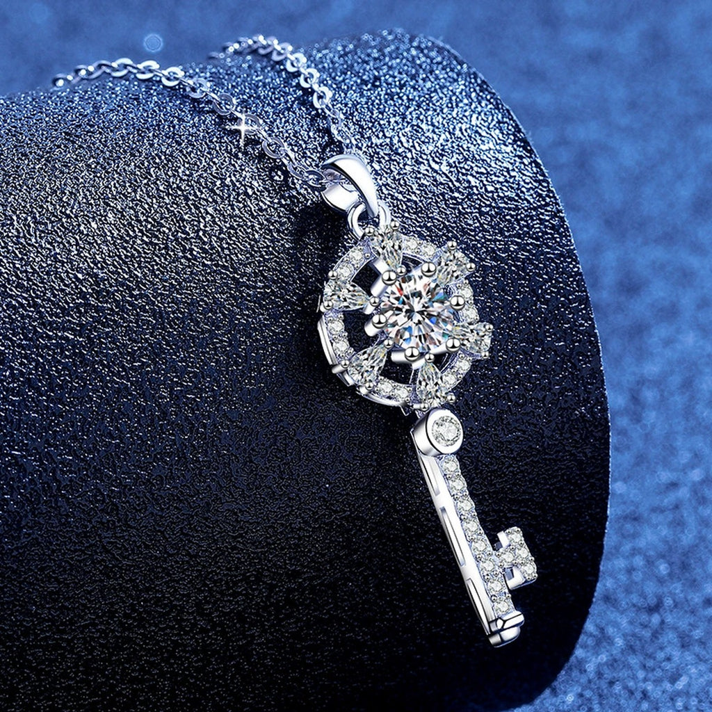 Round Halo Key Moissanite Pendant Necklace with Cubic Zirconia in Platinum-Plated S925 Sterling Silver blue background product view