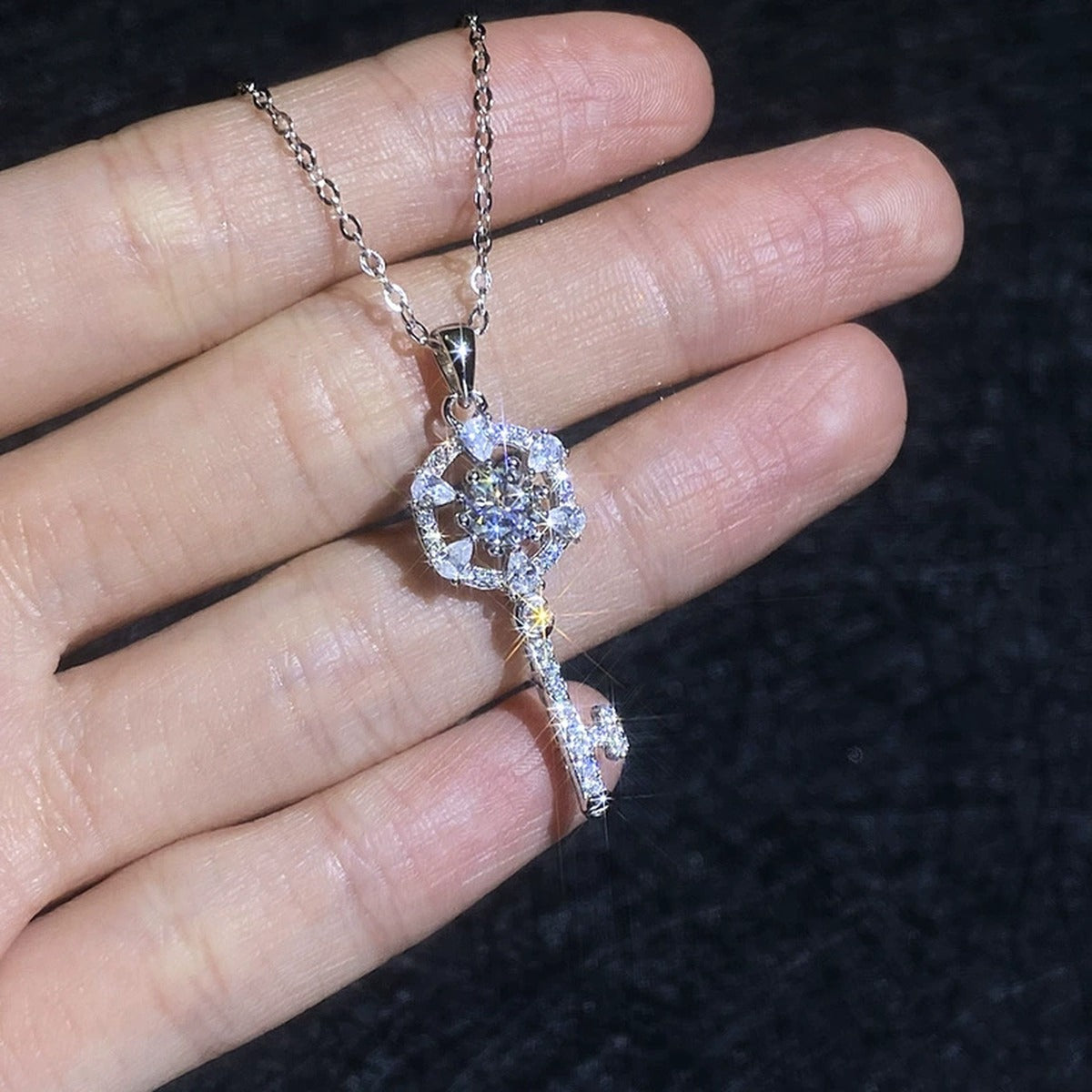Round Halo Key Moissanite Pendant Necklace with Cubic Zirconia in Platinum-Plated S925 Sterling Silver close-up product detail view