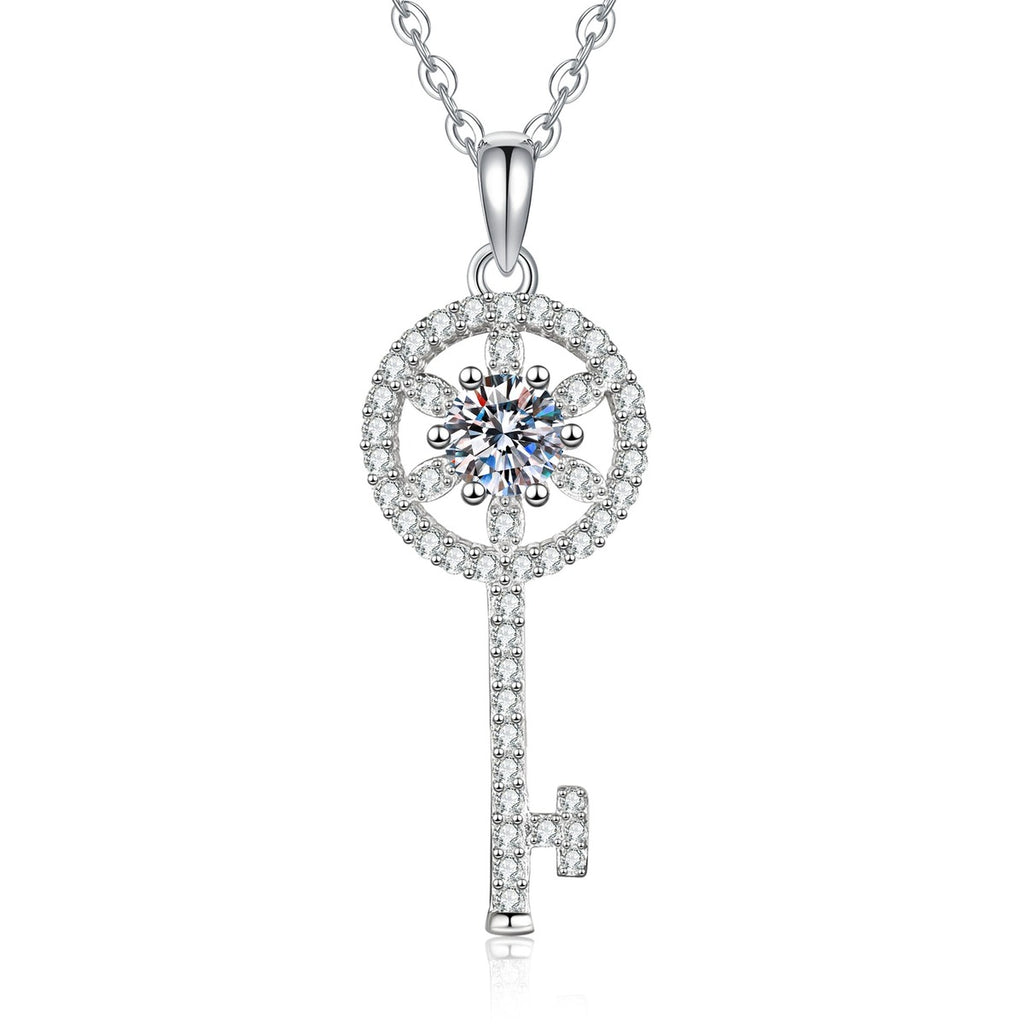 Round Key Moissanite Pendant Necklace with Cubic Zirconia in Platinum-Plated S925 Sterling Silver on clean white background showing the round key pendant with a moissanite center and cubic zirconia accents