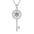 Round Key Moissanite Pendant Necklace with Cubic Zirconia in Platinum-Plated S925 Sterling Silver on clean white background showing the round key pendant with a moissanite center and cubic zirconia accents