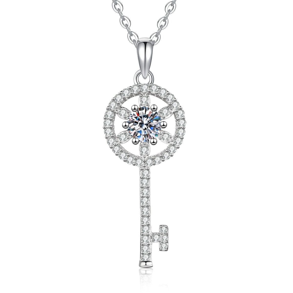 Round Key Moissanite Pendant Necklace with Cubic Zirconia in Platinum-Plated S925 Sterling Silver on clean white background showing the round key pendant with a moissanite center and cubic zirconia accents