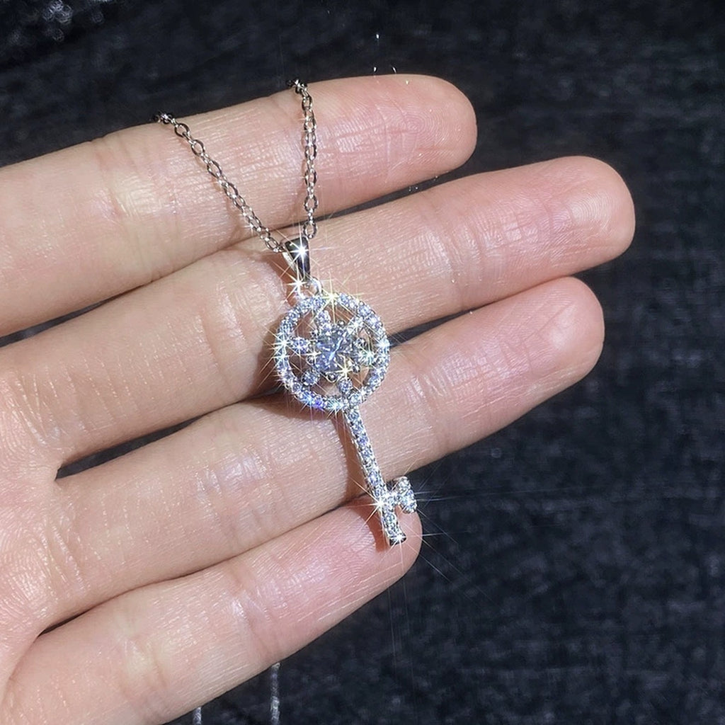 Round Key Moissanite Pendant Necklace with Cubic Zirconia in Platinum-Plated S925 Sterling Silver close-up product detail view