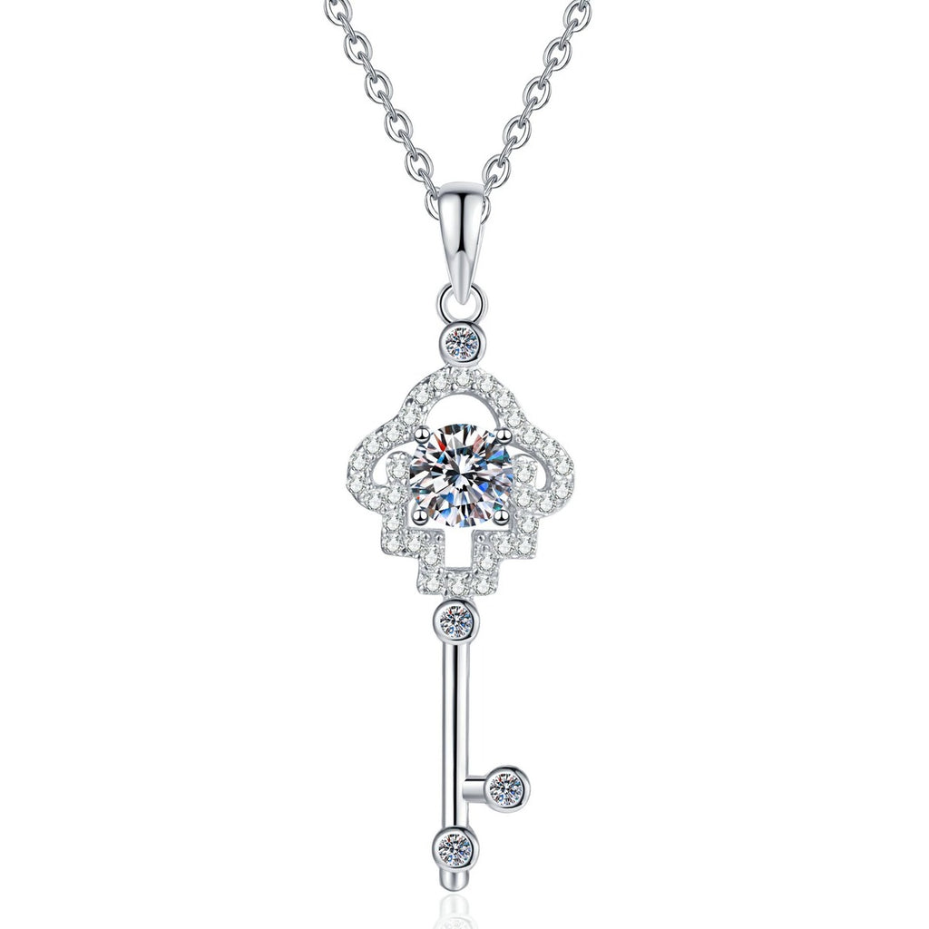 Cross Key Moissanite Pendant Necklace with Cubic Zirconia in Platinum-Plated S925 Sterling Silver on clean white background showing the cross key pendant with a small round moissanite accent