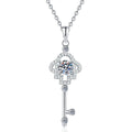 Cross Key Moissanite Pendant Necklace with Cubic Zirconia in Platinum-Plated S925 Sterling Silver on clean white background showing the cross key pendant with a small round moissanite accent