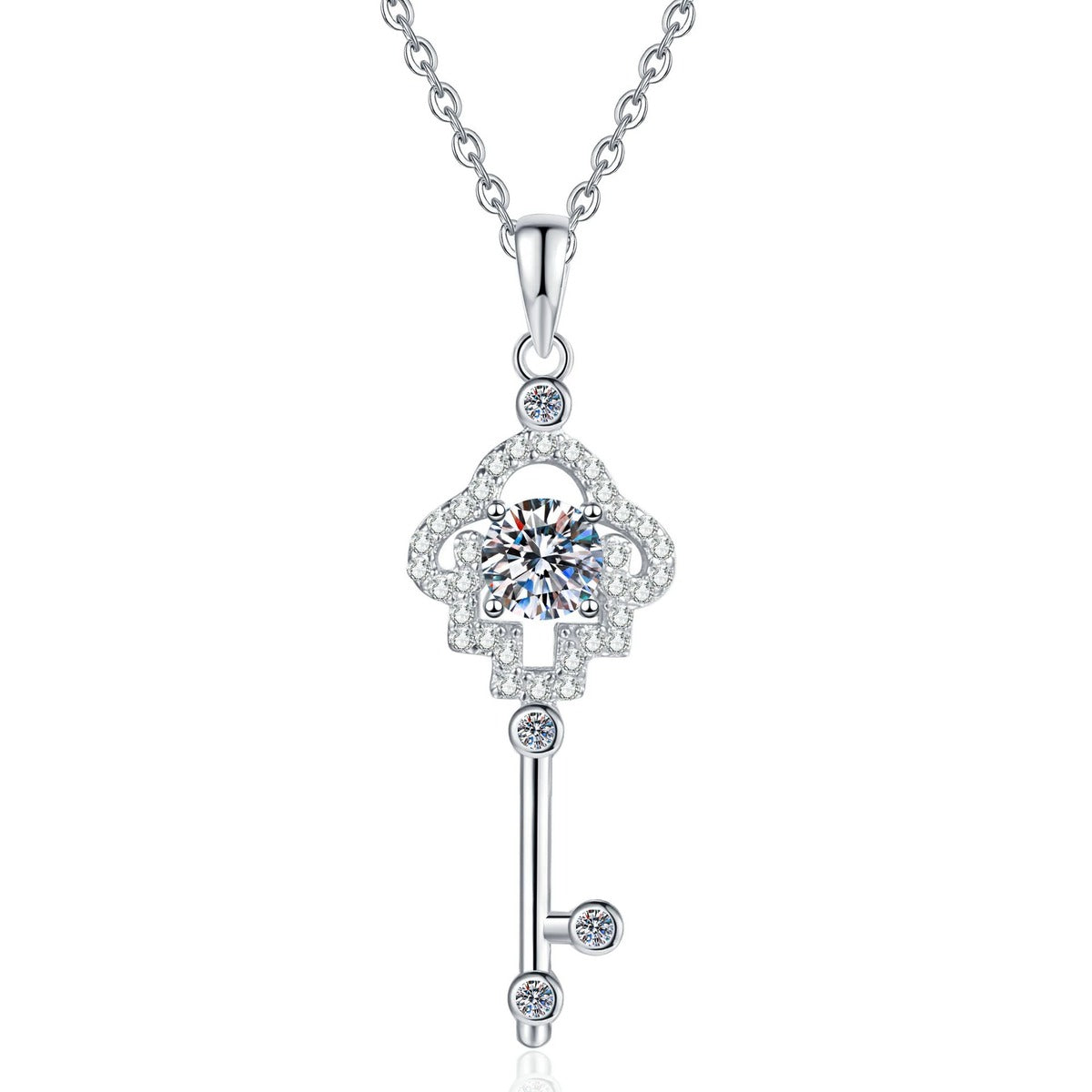 Cross Key Moissanite Pendant Necklace with Cubic Zirconia in Platinum-Plated S925 Sterling Silver on clean white background showing the cross key pendant with a small round moissanite accent