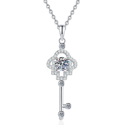 Cross Key Moissanite Pendant Necklace with Cubic Zirconia in Platinum-Plated S925 Sterling Silver on clean white background showing the cross key pendant with a small round moissanite accent