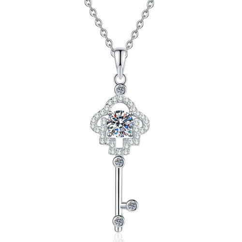 Cross Key Moissanite Pendant Necklace with Cubic Zirconia in Platinum-Plated S925 Sterling Silver on clean white background showing the cross key pendant with a small round moissanite accent