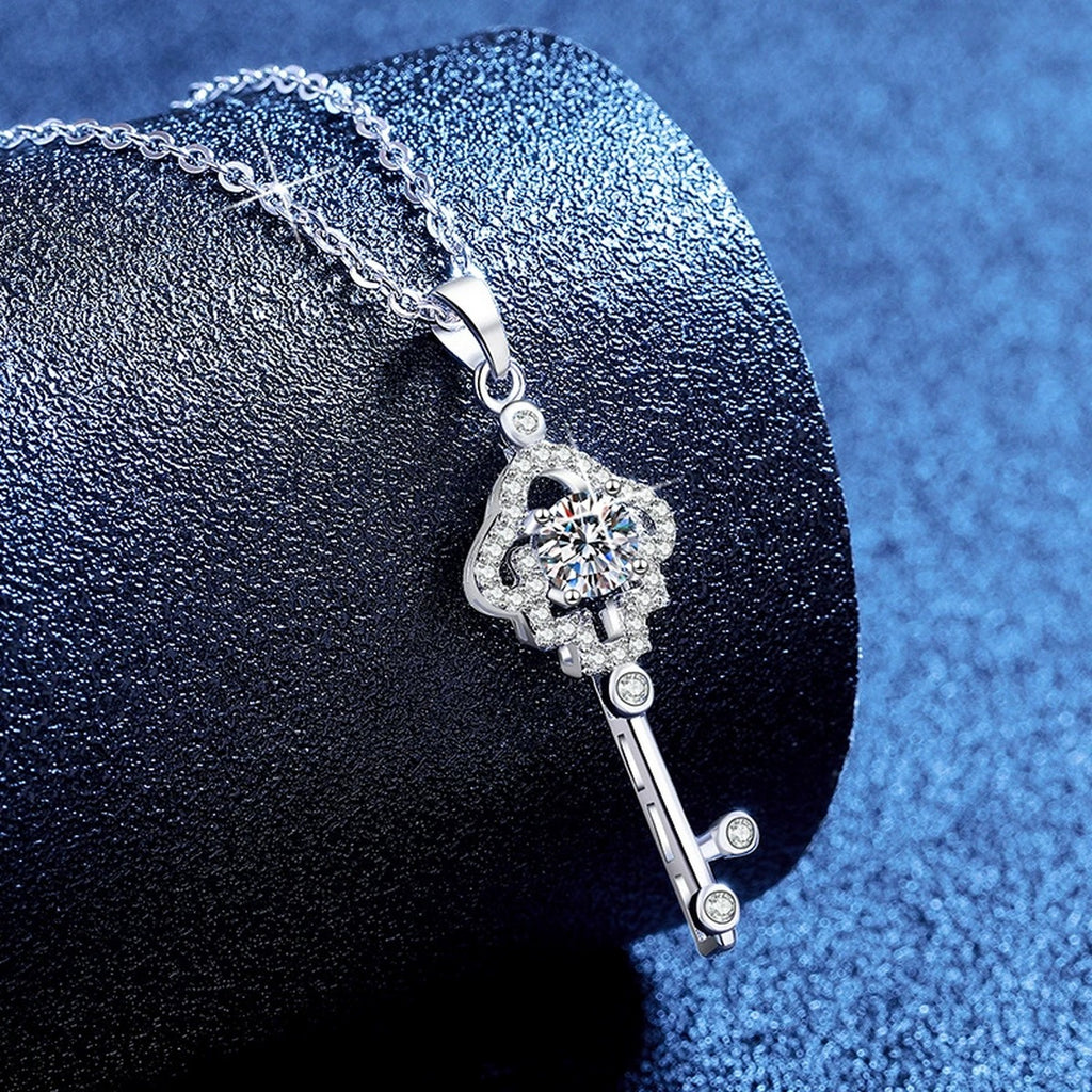 Cross Key Moissanite Pendant Necklace with Cubic Zirconia in Platinum-Plated S925 Sterling Silver blue background product view