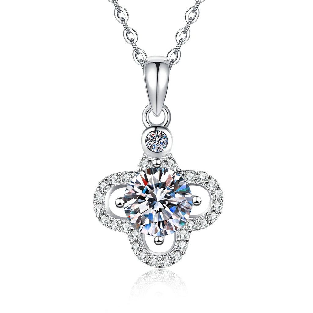 Clover Halo Moissanite Pendant Necklace with Cubic Zirconia in Platinum-Plated S925 Sterling Silver on clean white background showing the clover halo pendant with a round moissanite center and cubic zirconia accents