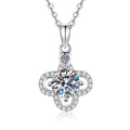 Clover Halo Moissanite Pendant Necklace with Cubic Zirconia in Platinum-Plated S925 Sterling Silver on clean white background showing the clover halo pendant with a round moissanite center and cubic zirconia accents