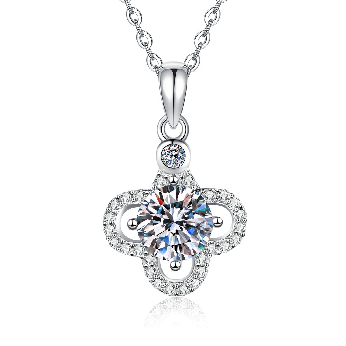 Clover Halo Moissanite Pendant Necklace with Cubic Zirconia in Platinum-Plated S925 Sterling Silver on clean white background showing the clover halo pendant with a round moissanite center and cubic zirconia accents
