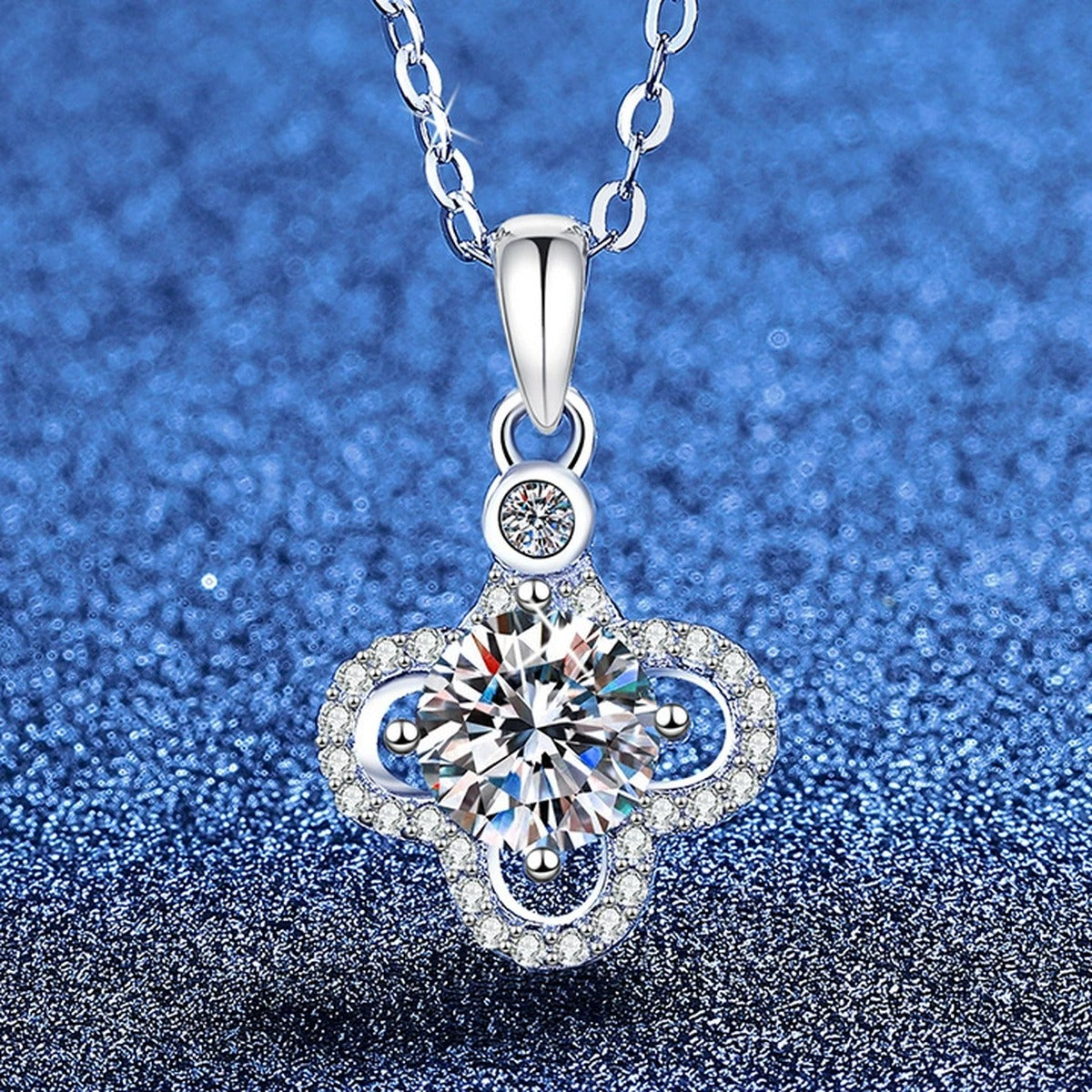 Clover Halo Moissanite Pendant Necklace with Cubic Zirconia in Platinum-Plated S925 Sterling Silver blue background product view