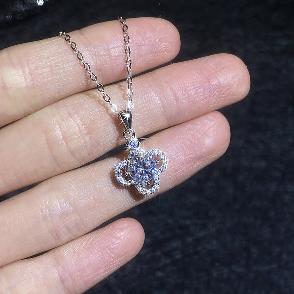 Clover Halo Moissanite Pendant Necklace with Cubic Zirconia in Platinum-Plated S925 Sterling Silver close-up product detail view