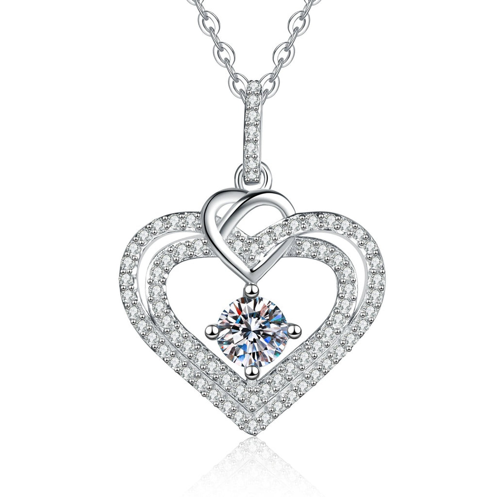 Heart Moissanite Pendant Necklace with Cubic Zirconia in White Gold-Plated S925 Sterling Silver on clean white background showing the heart pendant with a round moissanite center and cubic zirconia accents