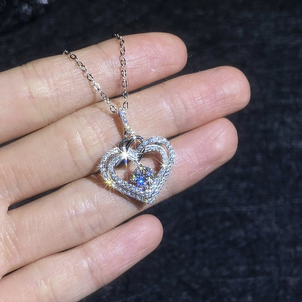 Heart Moissanite Pendant Necklace with Cubic Zirconia in White Gold-Plated S925 Sterling Silver close-up product detail view