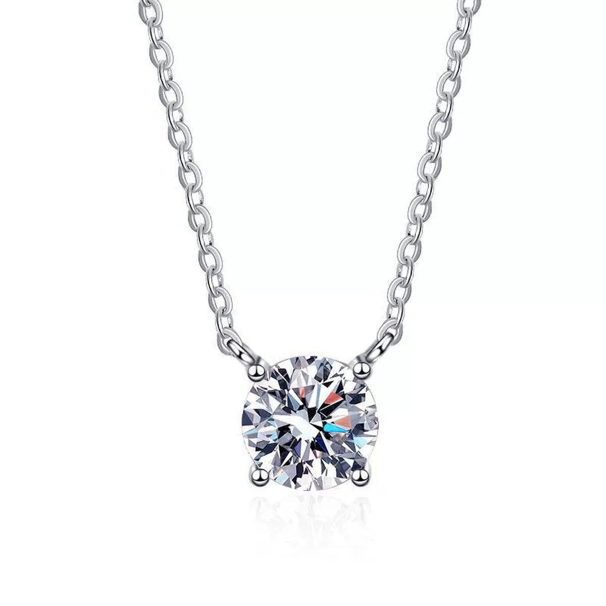 Round Moissanite Pendant Necklace in S925 Sterling Silver on clean white background showing the round solitaire moissanite pendant offered in three plated finishes