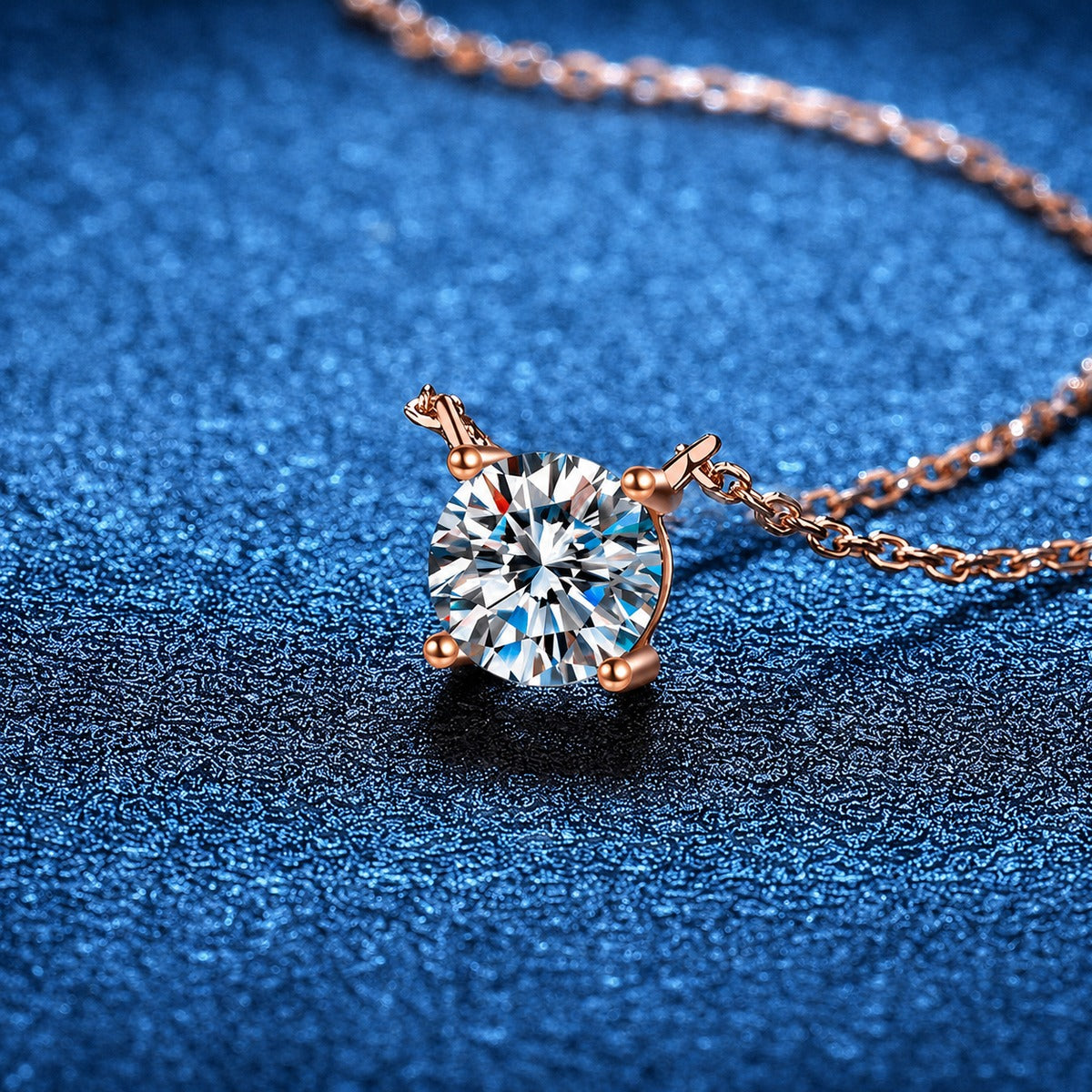Round Moissanite Pendant Necklace in S925 Sterling Silver blue background styling view