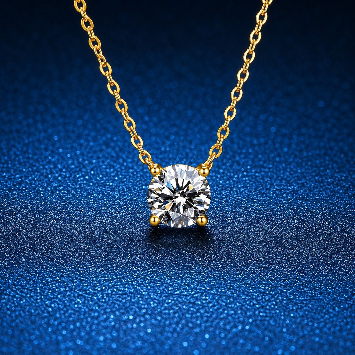 Round Moissanite Pendant Necklace in S925 Sterling Silver blue background styling view