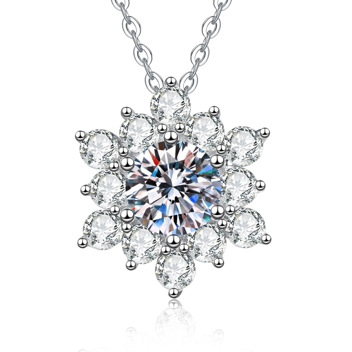 Starburst Moissanite Pendant Necklace with Cubic Zirconia in White Gold-Plated S925 Sterling Silver on clean white background showing the starburst pendant with a round moissanite center