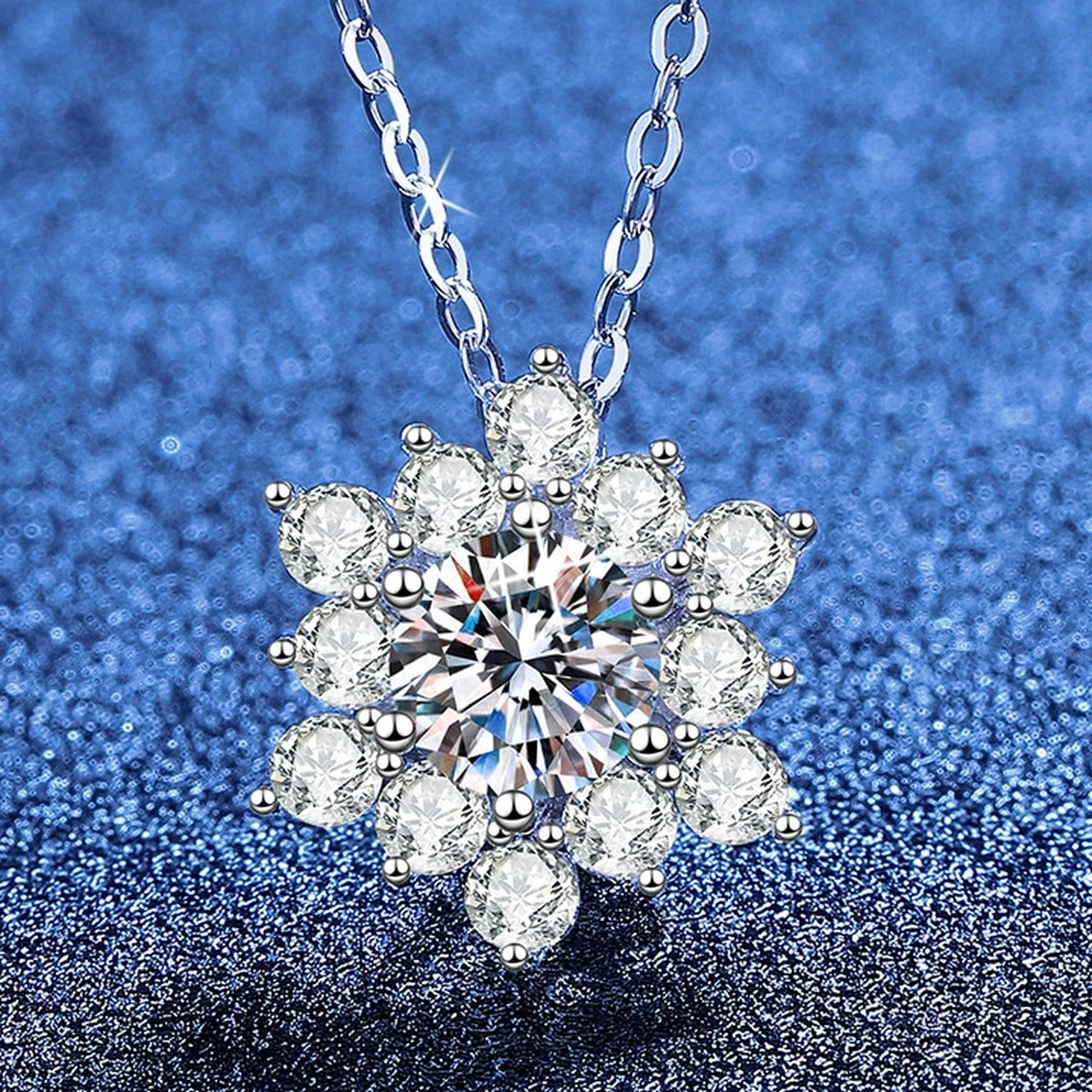 Starburst Moissanite Pendant Necklace with Cubic Zirconia in White Gold-Plated S925 Sterling Silver blue background product view
