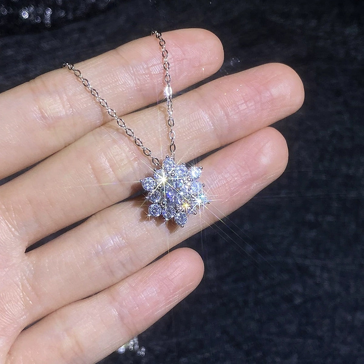 Starburst Moissanite Pendant Necklace with Cubic Zirconia in White Gold-Plated S925 Sterling Silver close-up product detail view