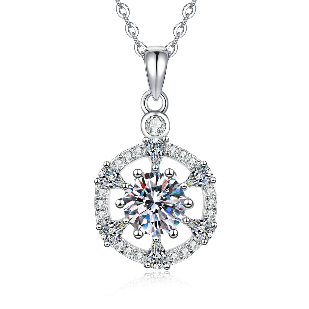 Round Halo Moissanite Pendant Necklace with Cubic Zirconia in White Gold-Plated S925 Sterling Silver on clean white background showing the round halo pendant with cubic zirconia accents