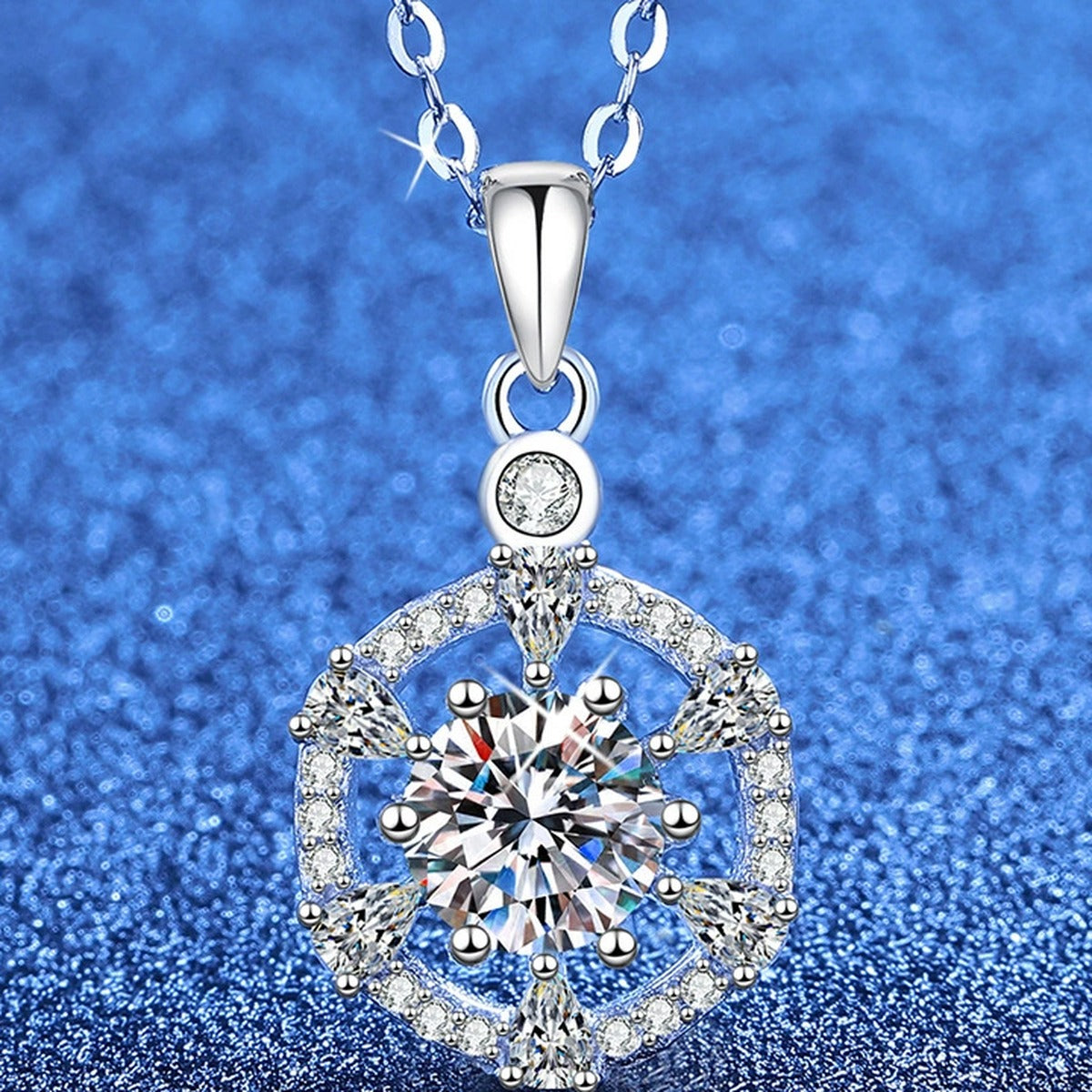 Round Halo Moissanite Pendant Necklace with Cubic Zirconia in White Gold-Plated S925 Sterling Silver blue background product view