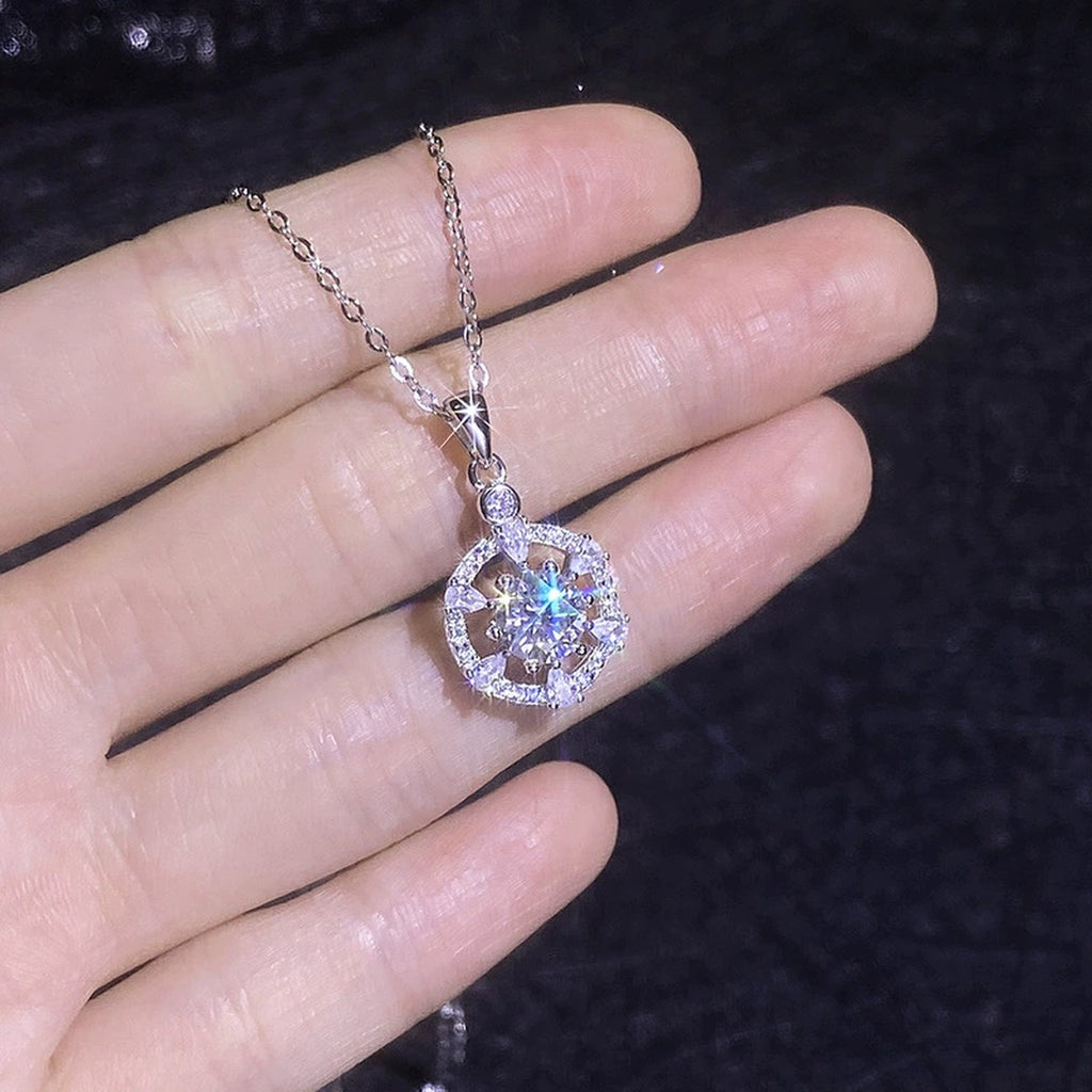 Round Halo Moissanite Pendant Necklace with Cubic Zirconia in White Gold-Plated S925 Sterling Silver close-up product detail view