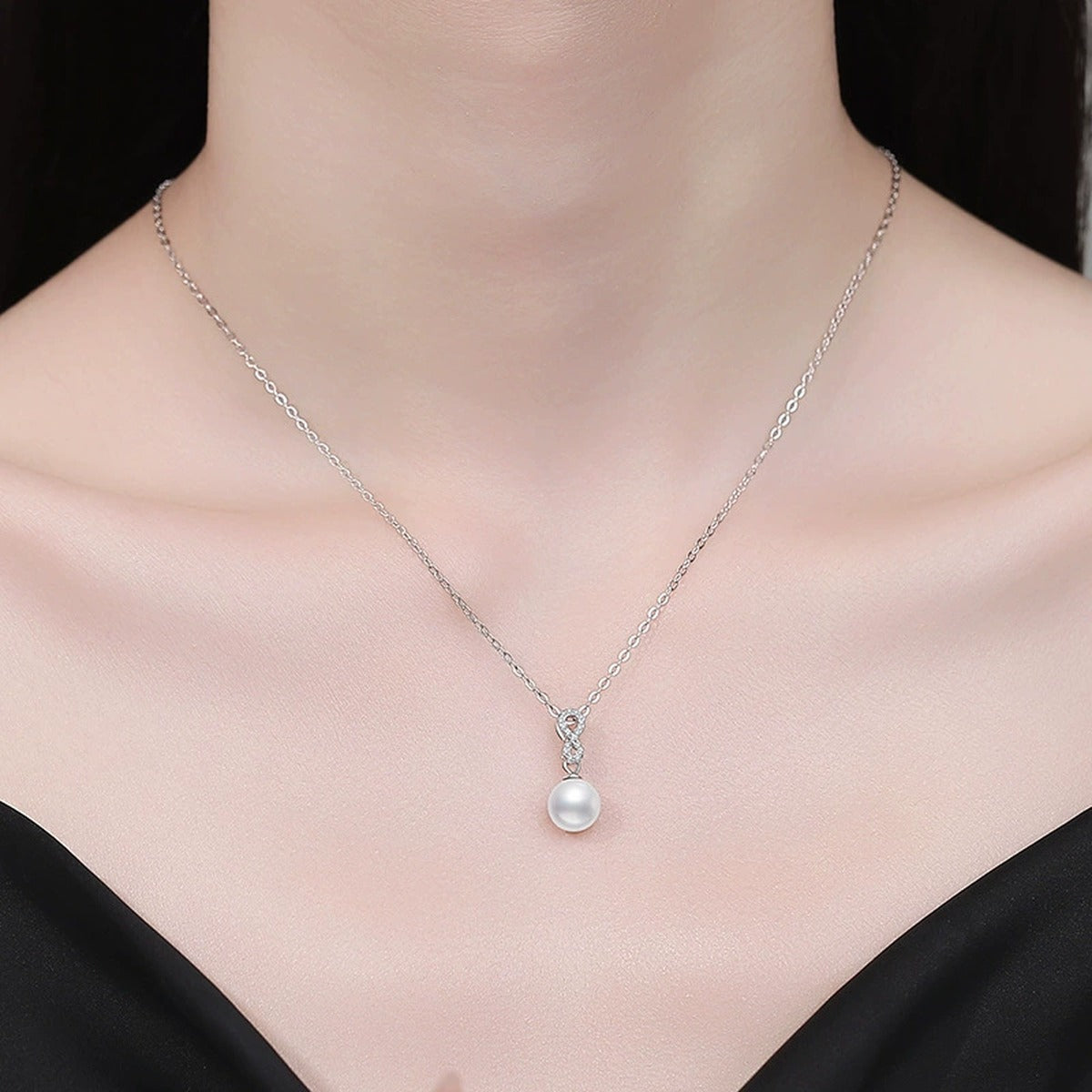 Moissanite Pearl Pendant Necklace in Gold-Plated S925 Sterling Silver worn on neckline by model