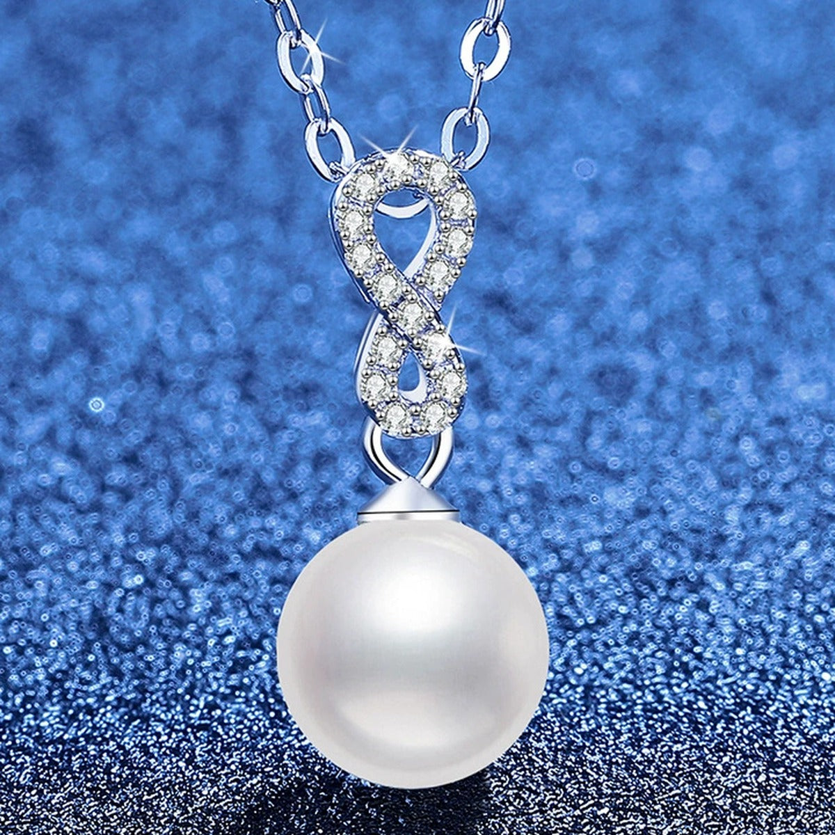Moissanite Pearl Pendant Necklace in Gold-Plated S925 Sterling Silver blue background angled view
