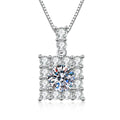 Square Moissanite Pendant Necklace with Cubic Zirconia in White Gold-Plated S925 Sterling Silver on clean white background showing the square pendant with a round moissanite center