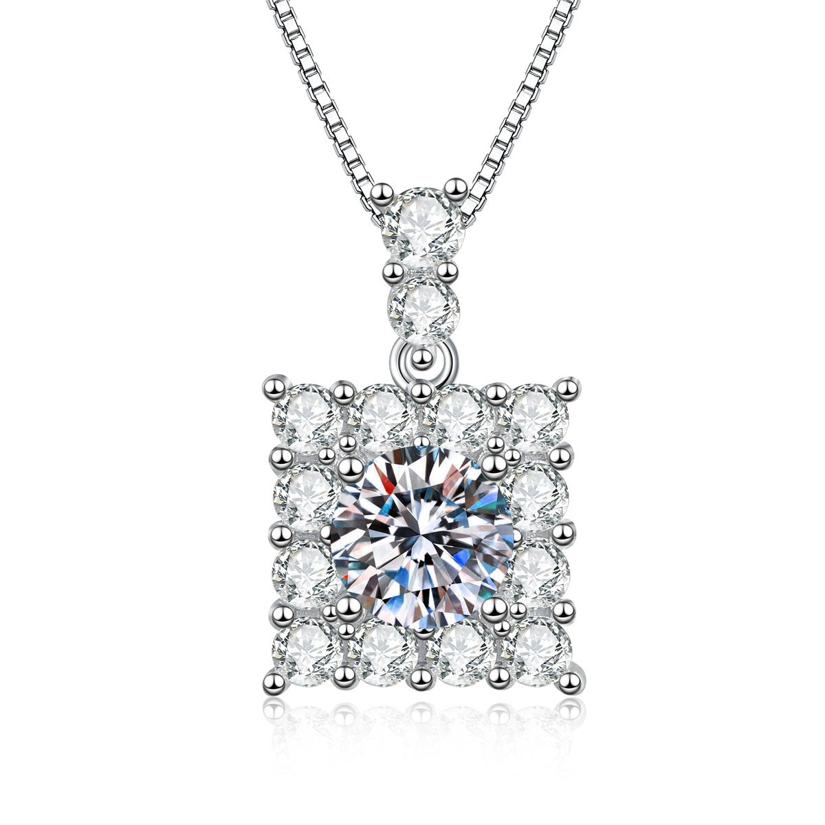 Square Moissanite Pendant Necklace with Cubic Zirconia in White Gold-Plated S925 Sterling Silver on clean white background showing the square pendant with a round moissanite center