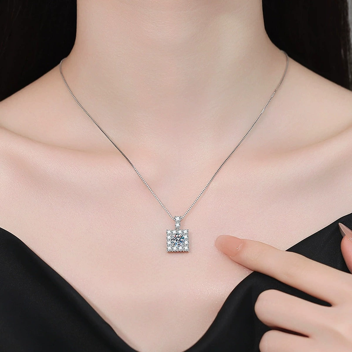Square Moissanite Pendant Necklace with Cubic Zirconia in White Gold-Plated S925 Sterling Silver worn on neckline by model