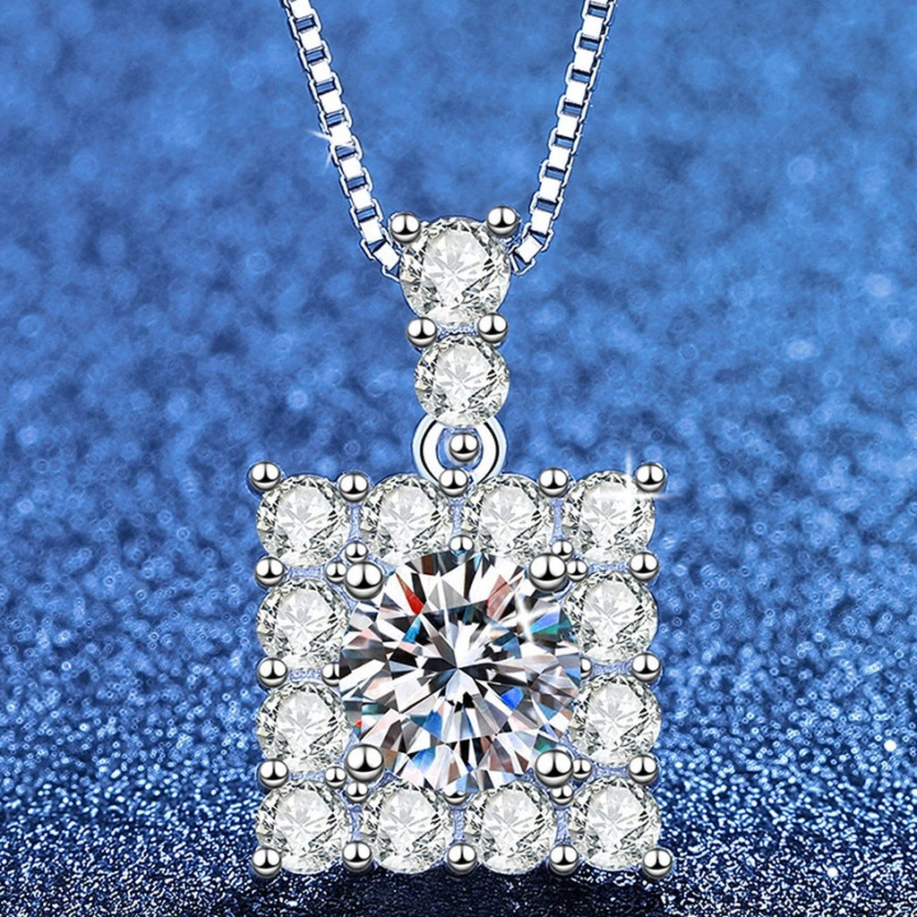 Square Moissanite Pendant Necklace with Cubic Zirconia in White Gold-Plated S925 Sterling Silver blue background product view