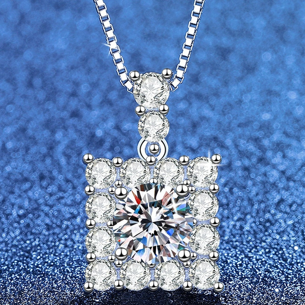 Square Moissanite Pendant Necklace with Cubic Zirconia in White Gold-Plated S925 Sterling Silver blue background product view
