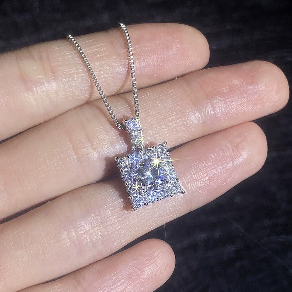 Square Moissanite Pendant Necklace with Cubic Zirconia in White Gold-Plated S925 Sterling Silver close-up product detail view